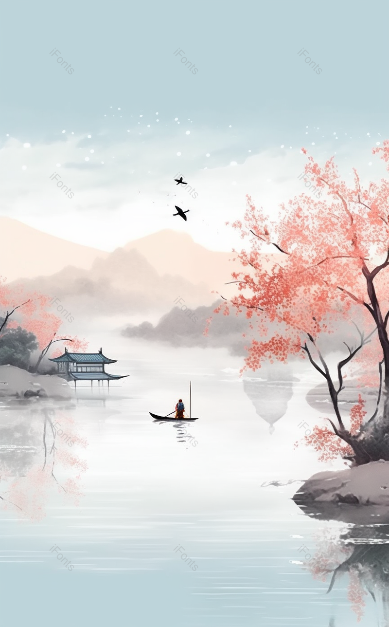 中国风湖心泛舟水墨山水风景插画,插画/手绘图,插画/手绘图库,插画/手绘图下载,插画/手绘
